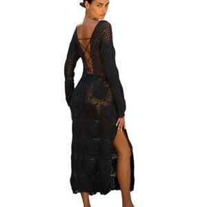 Anthropologie Mahila Crochet Knit Midi Dress, Side Slit, Strappy Back, Cotton XS